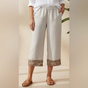 ​NWT J. Jill Embroidered Hem Linen Blend Cropped Pants - Flax/Clay Size Large P